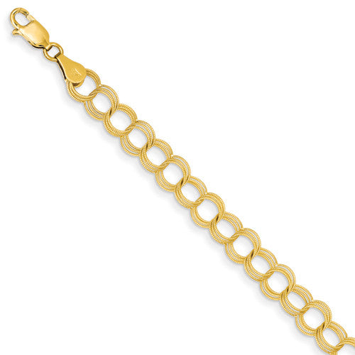 14k Yellow Gold Solid 7.00mm Triple Link Charm Bracelet